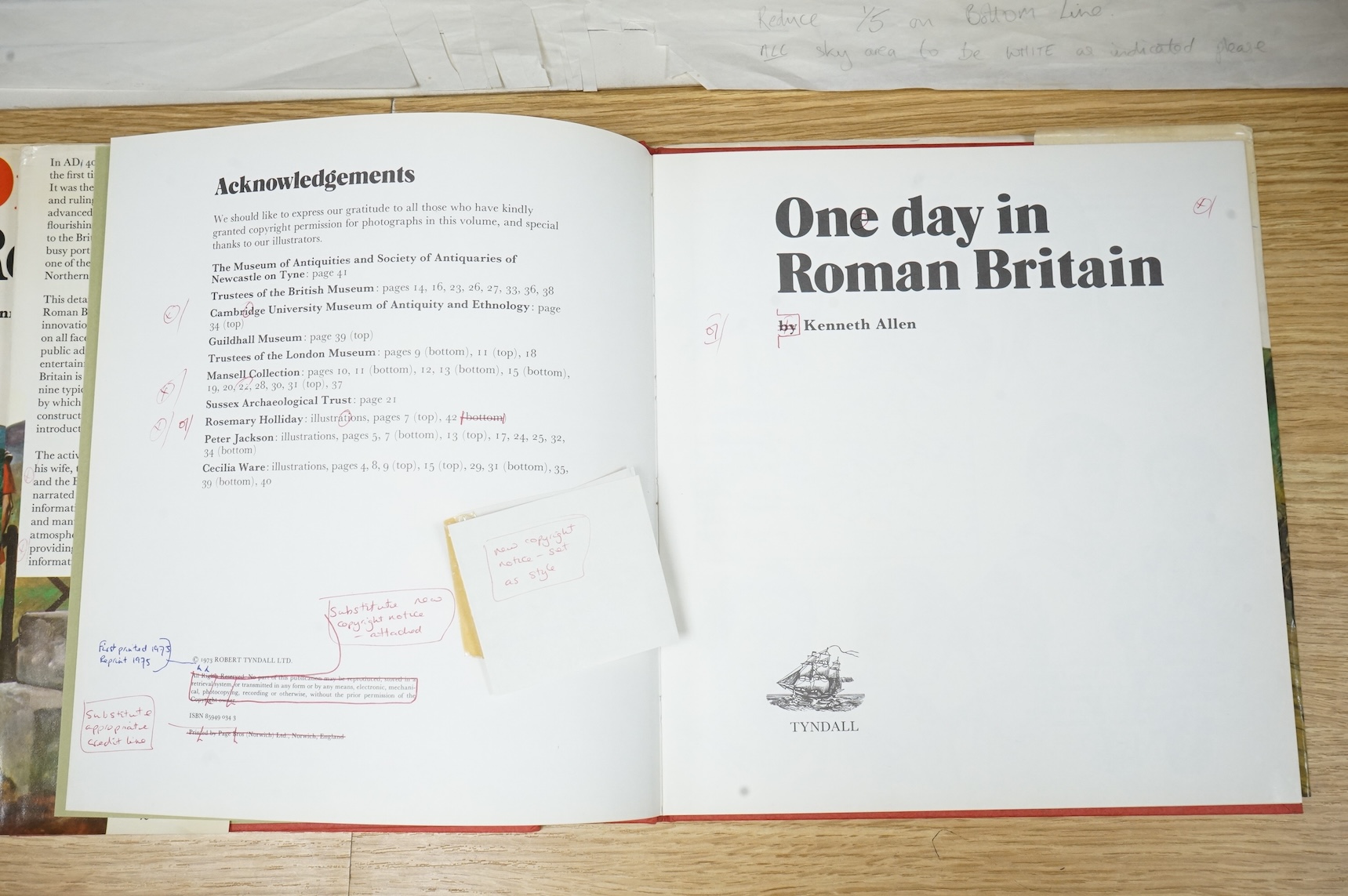 Peter Jackson (1922-2003), Illustrations from 'One day in Roman Britain' to include Portrait studies, Roman wall and Roman Baths, six watercolours, largest 34 x 71cm, unframed, together with two copies of the original bo